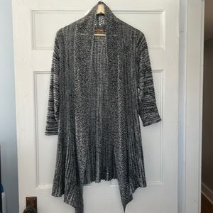 Baldini crocheted and ribbed knit 3/4 sleeve cardigan. Gray and black blend.